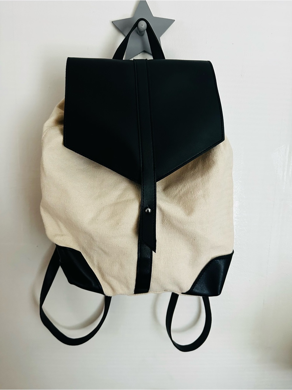Canvas and Faux Leather Two-Tone Backpack - Black & Cream